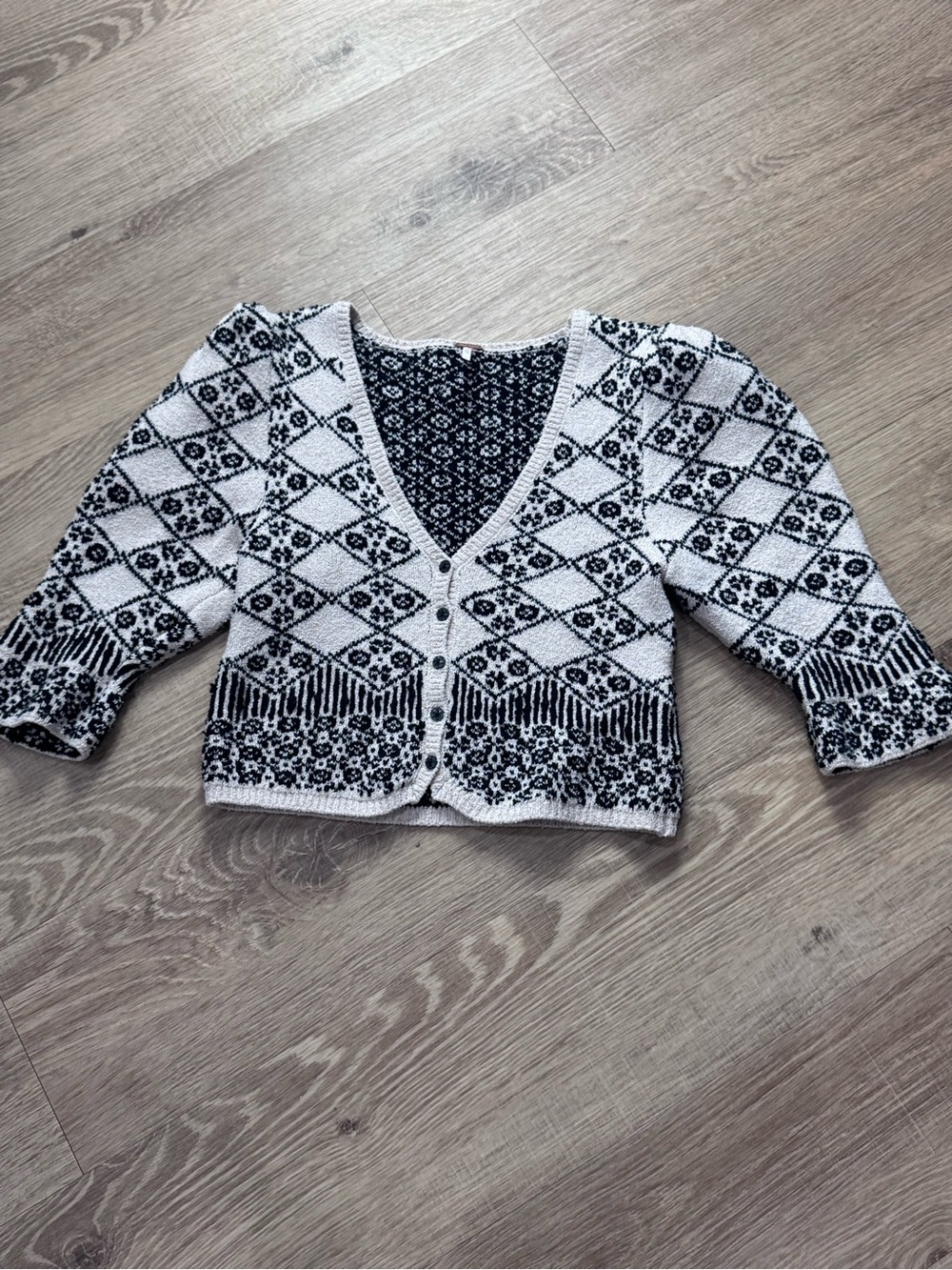 Free People Black Cream Geometric Floral Knit Cardigan Sweater Size M